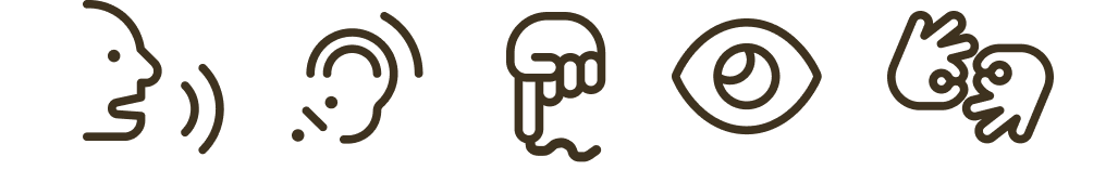 This shows a row of five icons, one for speaking, hearing, annotating, seeing, and communicating via ASL