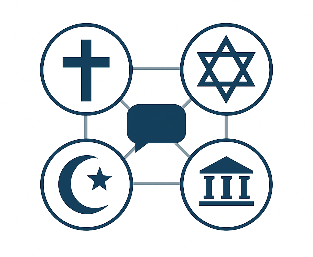 This is image is a diagram showing four icons in a grid form, with lines from each going to a central icon shaped like a comment bubble. In each of the icons is a symbol to represent three religions, Christianity, Judaism and Islam, and a fourth to represent institutions of religious study This is image is a diagram showing four icons in a grid form, with lines from each going to a central icon shaped like a comment bubble. In each of the icons is a symbol to represent three religions, Christianity, Judaism and Islam, and a fourth to represent institutions of religious study